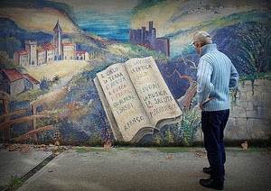libro, uomo, murales, passante, disegno, cappello, leggere