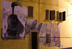 murales, treno, finestre, porta, locomotiva, fumo, giallo, casa, murale, persiane