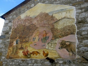 murales, mucca, casa, cane, gallina, pietre, muro, alberi, secchi, galline, donne, murale, pietra, animali, bambini, gallo, case, bambina, bue