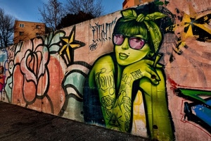 occhiali, muro, donna, murales, murale, stella, fiore, sigaretta, alberi, dipinti, palazzo