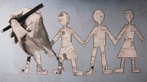 mano, matita, murales, carta, disegno, bambini, disegnare, quattro, murale, sagome, ritagli, figure