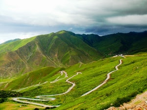 strada, verde, curve, montagna, panorama, tornanti, montagne, nuvole, colline, prati, strade