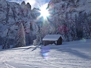 neve, baita, alberi, sole, montagna, montagne, raggi, controluce, abeti