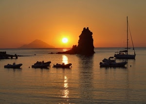 barche, mare, tramonto, sole, scoglio, controluce, riflesso