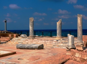 colonne, mare, cielo, nuvole, ruderi, gradini, marmo, archeologia, rovine