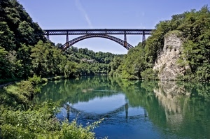 ponte, fiume, riflesso, acqua, arco, verde, alberi, ferro