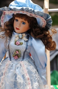 bambola, cappello, vestito, fiocco, azzurro, capelli, giocattolo, occhi