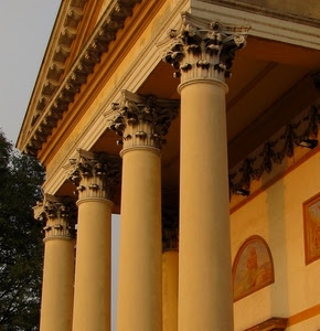 colonne, capitelli, timpano, quattro, albero, tempio, cielo, portico, affreschi, chiesa, architettura