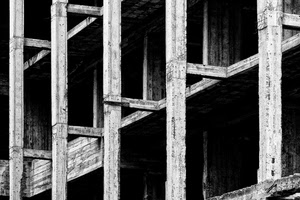 bianconero, cemento, costruzione, pilastri, travi, legno, linee, struttura, nero, geometrie, palazzo, rudere