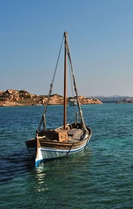 mare, barca, albero, acqua, timone, cielo, scogli, costa, riflesso