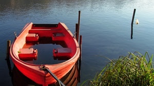 barca, rosso, acqua, erba, pali, lago, fiume