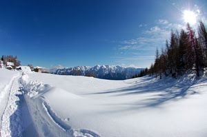 neve, alberi, cielo, case, bianco, montagne, sole, montagna, inverno, ombra, azzurro, cime, panorama, paesaggio, strada, monti