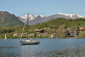 lago, barca, montagne, acqua, boa, case, montagna, panorama