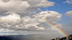 nuvole, arcobaleno, cielo, montagne, alberi, paesaggio