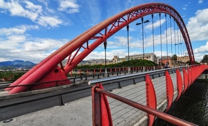 ponte, rosso, nuvole, cielo, strada, arco, curve, prospettiva, tiranti, ferro