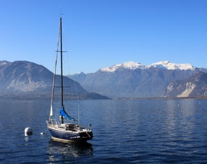barca, lago, montagne, neve, boa, acqua, mare, montagna