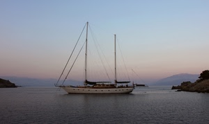 barca, mare, alberi, acqua, veliero, cielo, scogli, tramonto