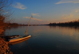 barca, fiume, tramonto, acqua, rete, pesca, mare, alberi