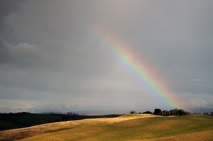 arcobaleno, nuvole, cielo, campagna, paesaggio, colori, campo, prato, panorama, iride