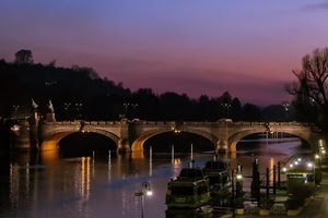 ponte, fiume, riflessi, tramonto, cielo, acqua, archi, arcate, luci