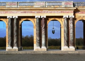 colonne, archi, alberi, lampione, balaustra, cielo, verde, marmo, portico