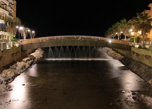 ponte, acqua, fiume, notturno, palme, alberi, lampioni, luci, notte, canale