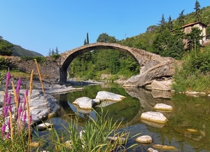 ponte, fiume, acqua, cielo, alberi, riflesso, pietre, sassi, rocce, verde, arco, piante, fiori