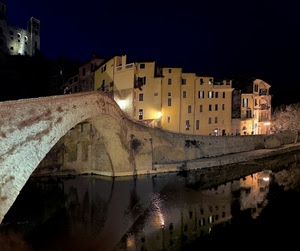 ponte, case, notte, fiume, acqua, arco, riflessi, luci, notturno