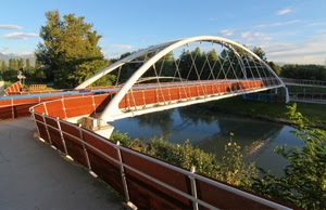 ponte, fiume, alberi, acqua, canale, piante, arancione, cielo, riflessi