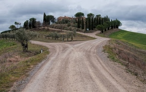 strada, alberi, cipressi, bivio, nuvole, campagna, strade, curva, verde, case