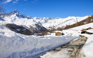 neve, strada, inverno, montagne, montagna, case, cielo, bianco, baite, alberi