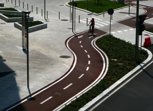 pista, strada, bicicletta, curve, ciclabile, donna, linee, strisce