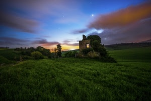 verde, tramonto, nuvole, rudere, cielo, alberi, paesaggio, ruderi, erba, campagna, alba