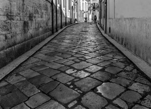 vicolo, strada, bianconero, muri, prospettiva, passante, lastricato, selciato, abitazioni