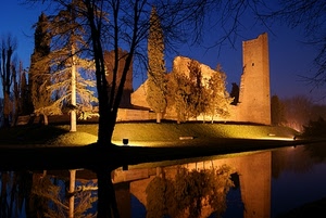 riflesso, alberi, castello, acqua, luci, notturno, notte, torre, cielo, ruderi, blu, ombre, rudere, cipressi, lago, albero, rovine