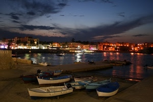 barche, luci, nuvole, cielo, mare, porto, riflessi, acqua, case, notte, notturno, tramonto, riflesso