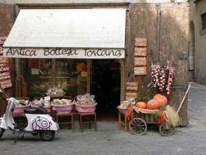 vespa, bottega, tenda, zucche, aglio, sedie, negozio, vetrina