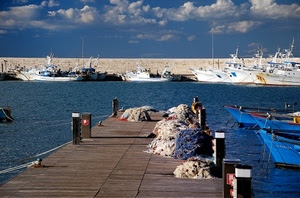 barche, porto, reti, mare, pontile, molo, banchina, nuvole, cielo, pescherecci