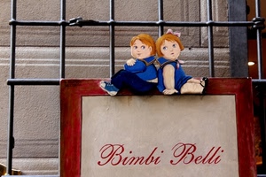 insegna, grata, cornice, bambini, scritta, cancello, bimbi, due, blu, vestiti, inferriata