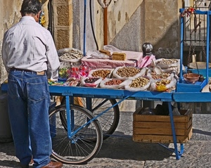 carretto, bilancia, cassetta, bancarella, ruote, frutta, cibo, ambulante, venditore