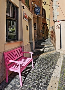 rosa, panchina, vicolo, finestra, strada, insegna, gradini, insegne, case