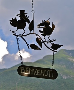 insegna, foglie, nuvole, cielo, uccelli, benvenuti, catene, montagna, scritta, ferro, montagne, cappello, cartello, verde, metallo, occhiali, corvi, ramo