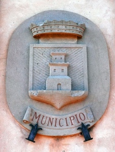 insegna, corona, stemma, torre, targa, municipio, pietra, marmo, scritta, palazzo