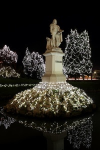 luci, statua, monumento, alberi, riflesso, acqua, riflessi, notte, nero
