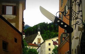 coltello, insegna, chiesa, case, alberi, finestre, campanile, lama, finestra