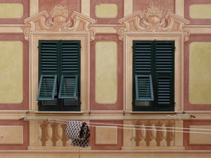 finestre, persiane, due, verde, fili, filo, decorazioni, panni, palazzo, corde