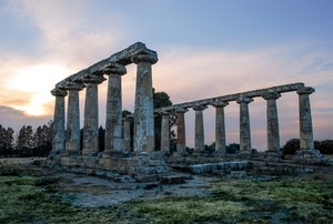 colonne, ruderi, tempio, rovine, tramonto, nuvole, capitelli, archeologia, cielo, antichità
