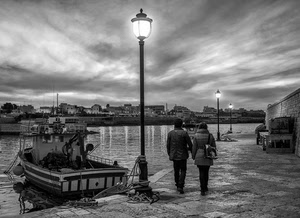 barca, lampione, coppia, bianconero, mare, lampioni, porto, acqua, molo