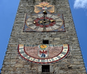 meridiana, orologio, stemma, torre, lancette, numeri, pietra