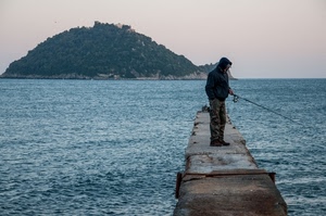 mare, pescatore, canna, isola, acqua, molo, montagna, pesca